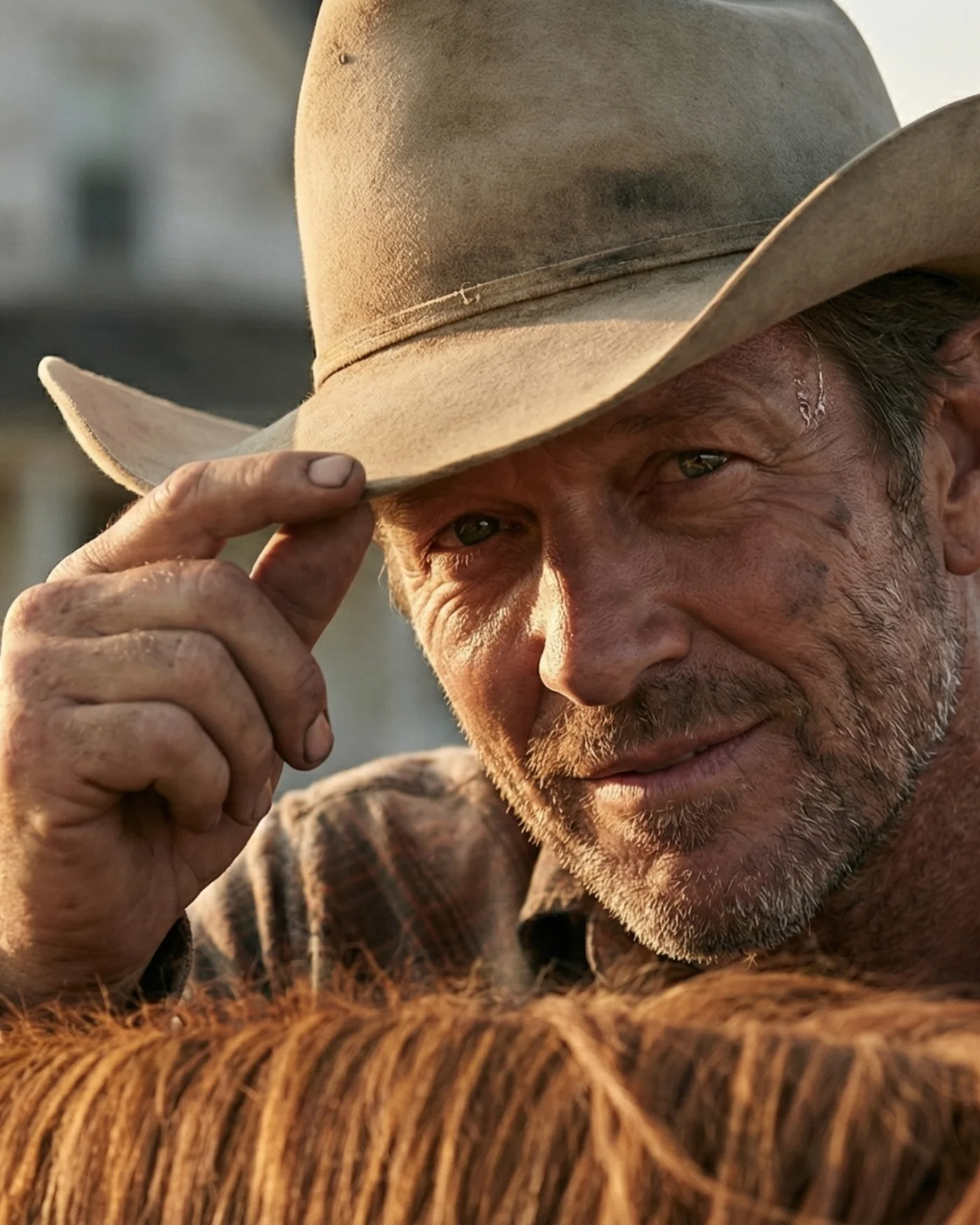 KI-Porträt eines Cowboys, der seinen Hut grüßend anhebt