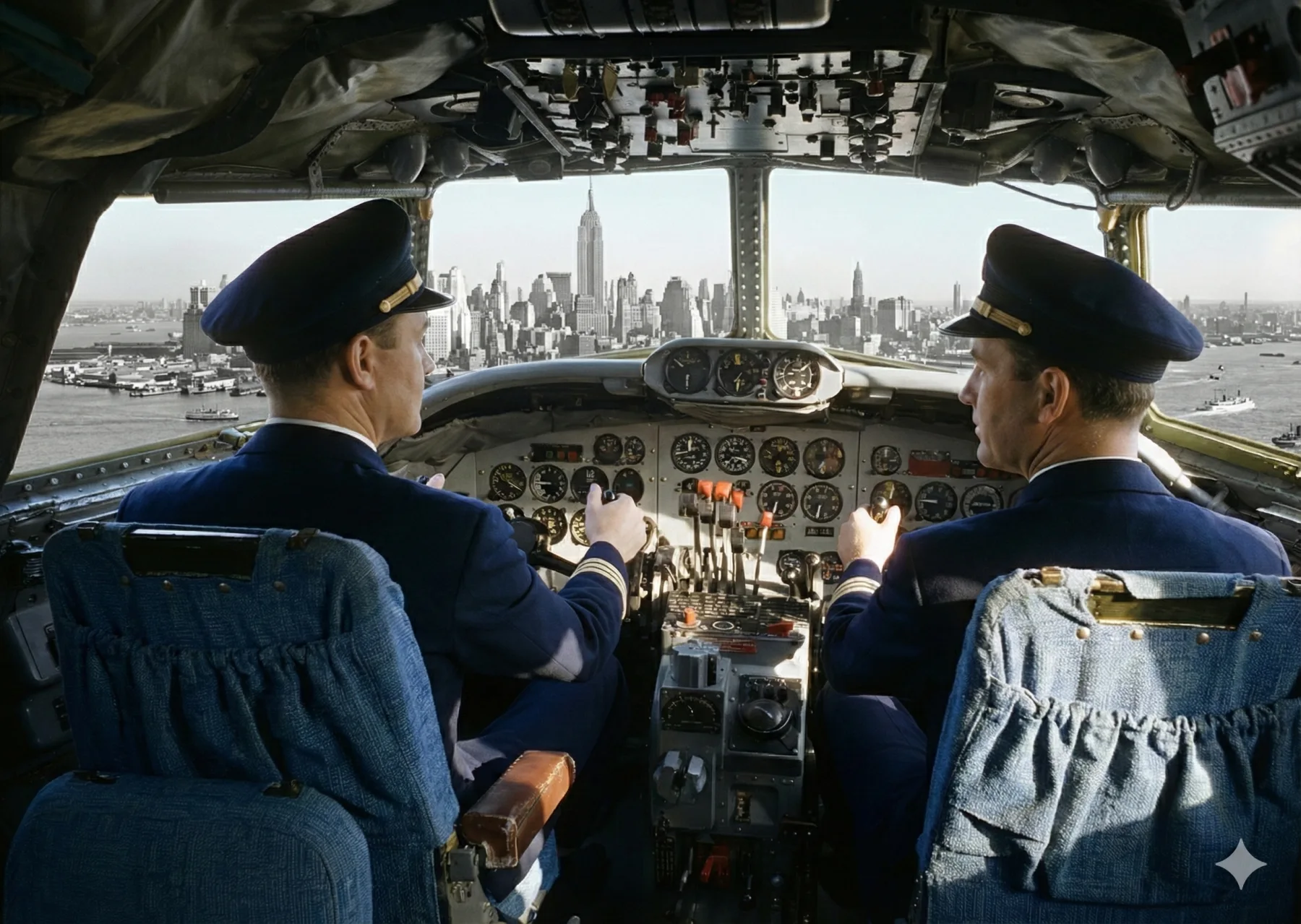 KI-Bild: Piloten im historischen Flugzeug mit Blick auf New York
