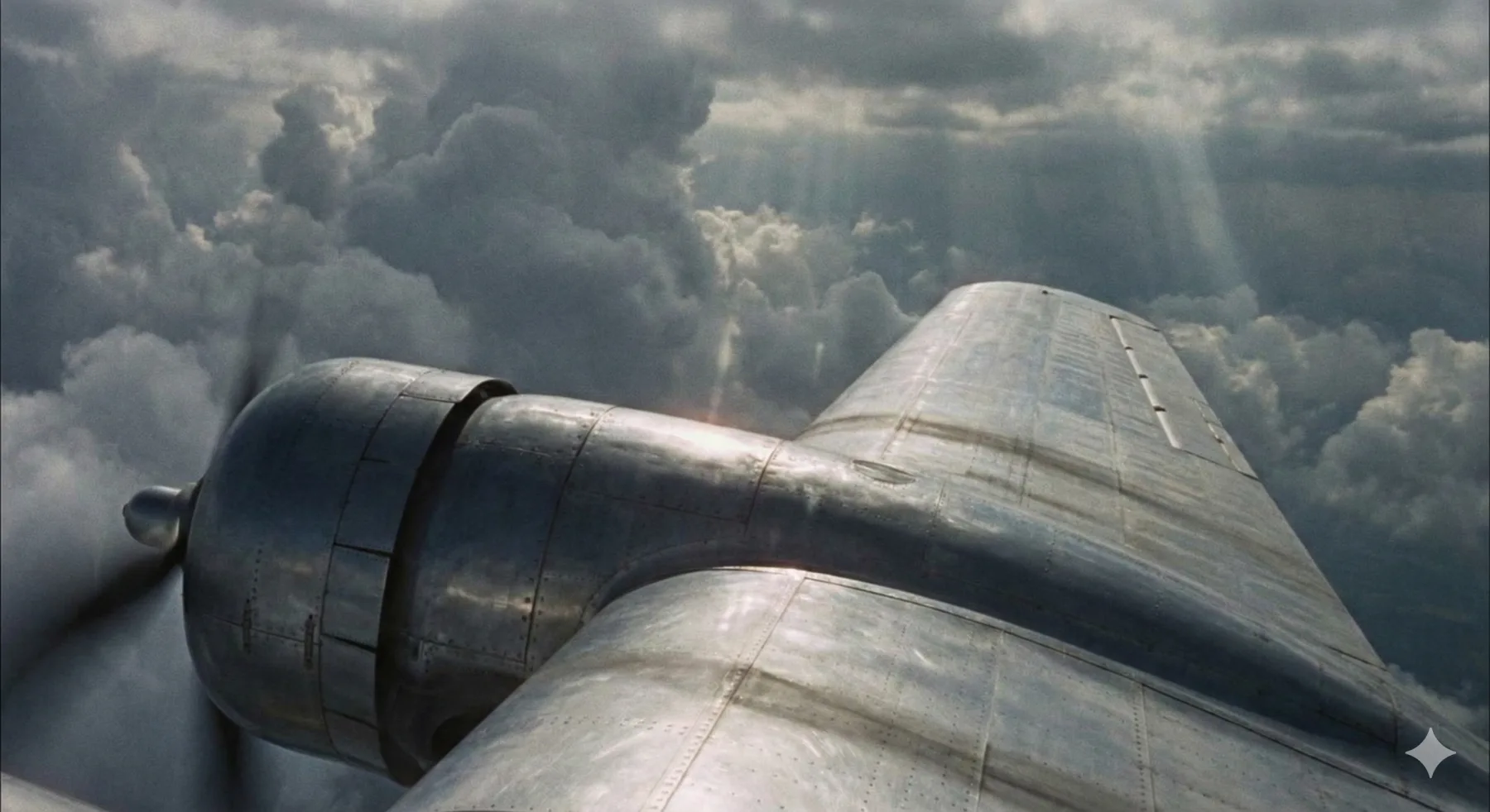 KI-Bild: historisches Flugzeug zwischen dramatischen Wolken