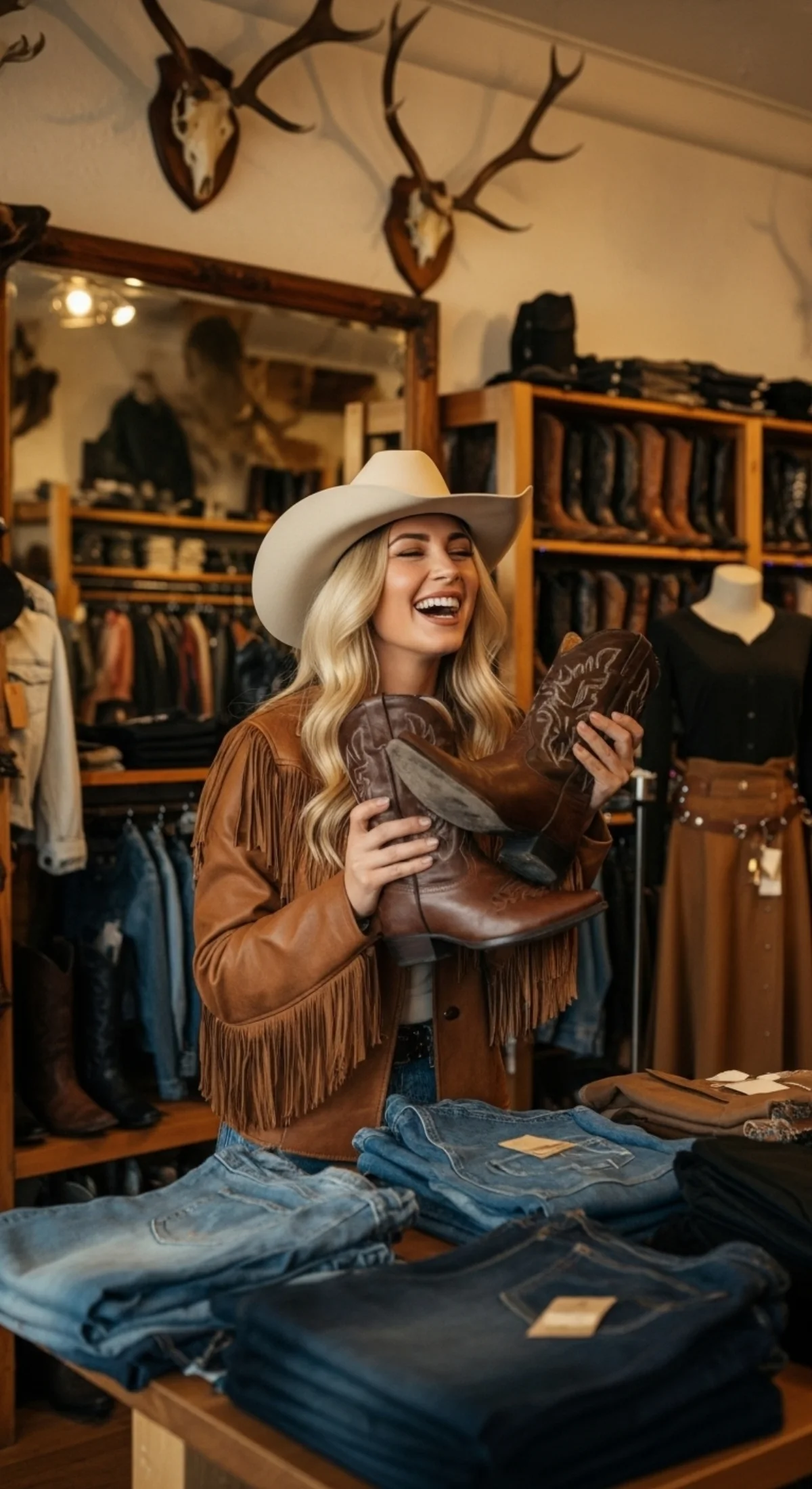 KI-Bild einer lachenden Frau mit Cowboystiefeln in einem Westernladen